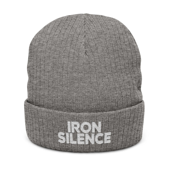 Iron Silence Embroidered Beanie — Ribbed Knit Winter Hat