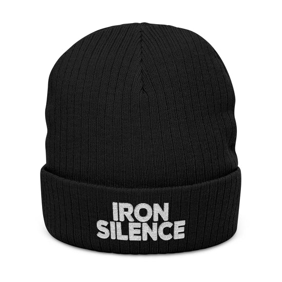 Iron Silence Embroidered Beanie — Ribbed Knit Winter Hat